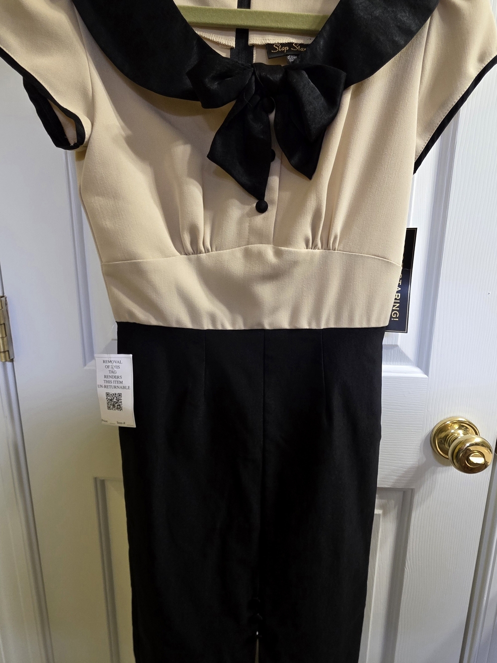 Stop Staring Cream and Black Vintage-Inspired Midi Dress with Bow Collar